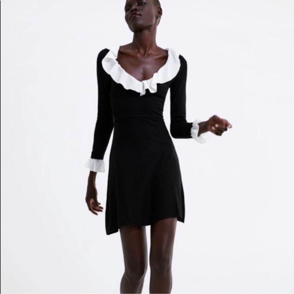 Zara Long Sleeve Black Dress with White Accents